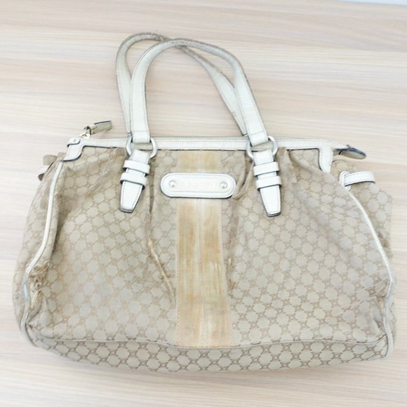 VINTAGE Celine Bag Leather Beige Tote Purse White‎ Macadam Canvas Logo Monogram - Picture 2 of 16